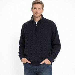 Brooks Brothers Navy Cable Knit Quarter Zip Wool Long Sleeve Sweater XL